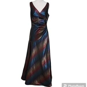 Alex Evening Gown Size 12 NWT Muted Rainbow Long Dress Navy Maroon Ruched Formal